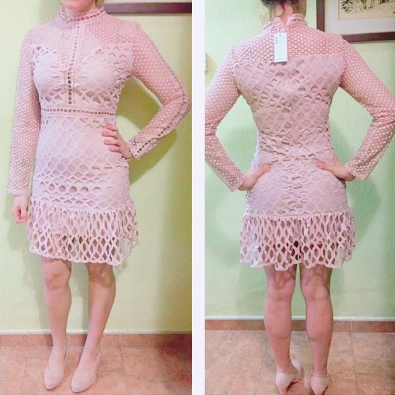 Elegant Hollow Out Mesh Lace Ruffle Slim Autumn Winter High Waist Long Sleeve Party Sexy Dress