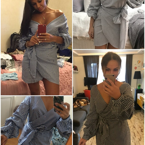 Load image into Gallery viewer, Off Shoulder Lantern Sleeve Wrap Stripe Bow Belt Sexy Dress Autumn Winter Plaid Shirt Dress
