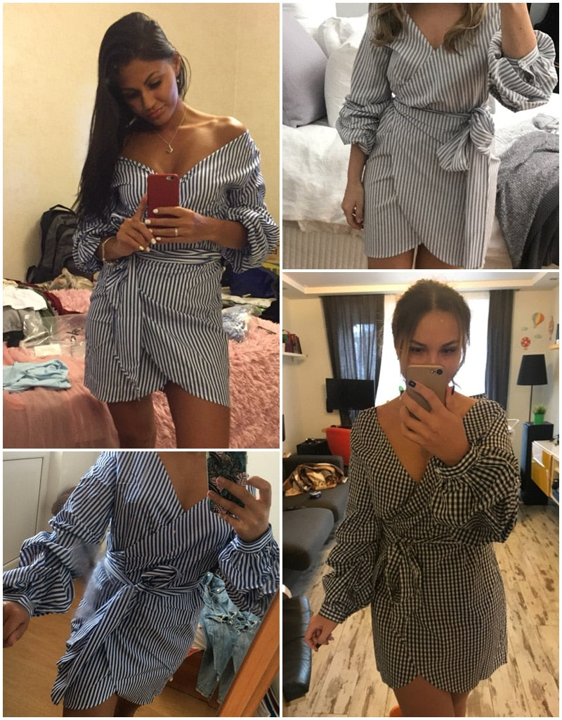 Off Shoulder Lantern Sleeve Wrap Stripe Bow Belt Sexy Dress Autumn Winter Plaid Shirt Dress