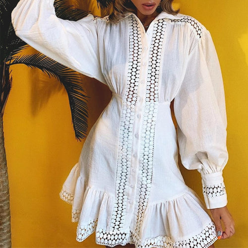 Load image into Gallery viewer, Elegant Cotton Lace Long Lantern Sleeve Ruffle A-line White Short Hollow Out Party Winter Dress
