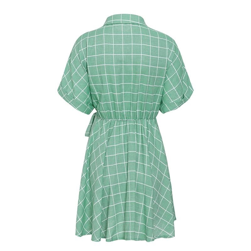 Elegant Plaid Sashes Short Sleeve A-line Casual Streetwear Button Summer Short Dress