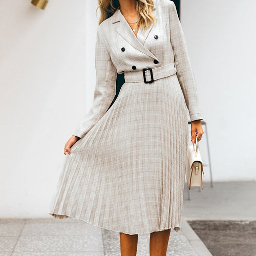 Load image into Gallery viewer, A-line V-neck Blazer Midi Elegant Long Sleeve Button Sash Blazer Pleated Office Dress
