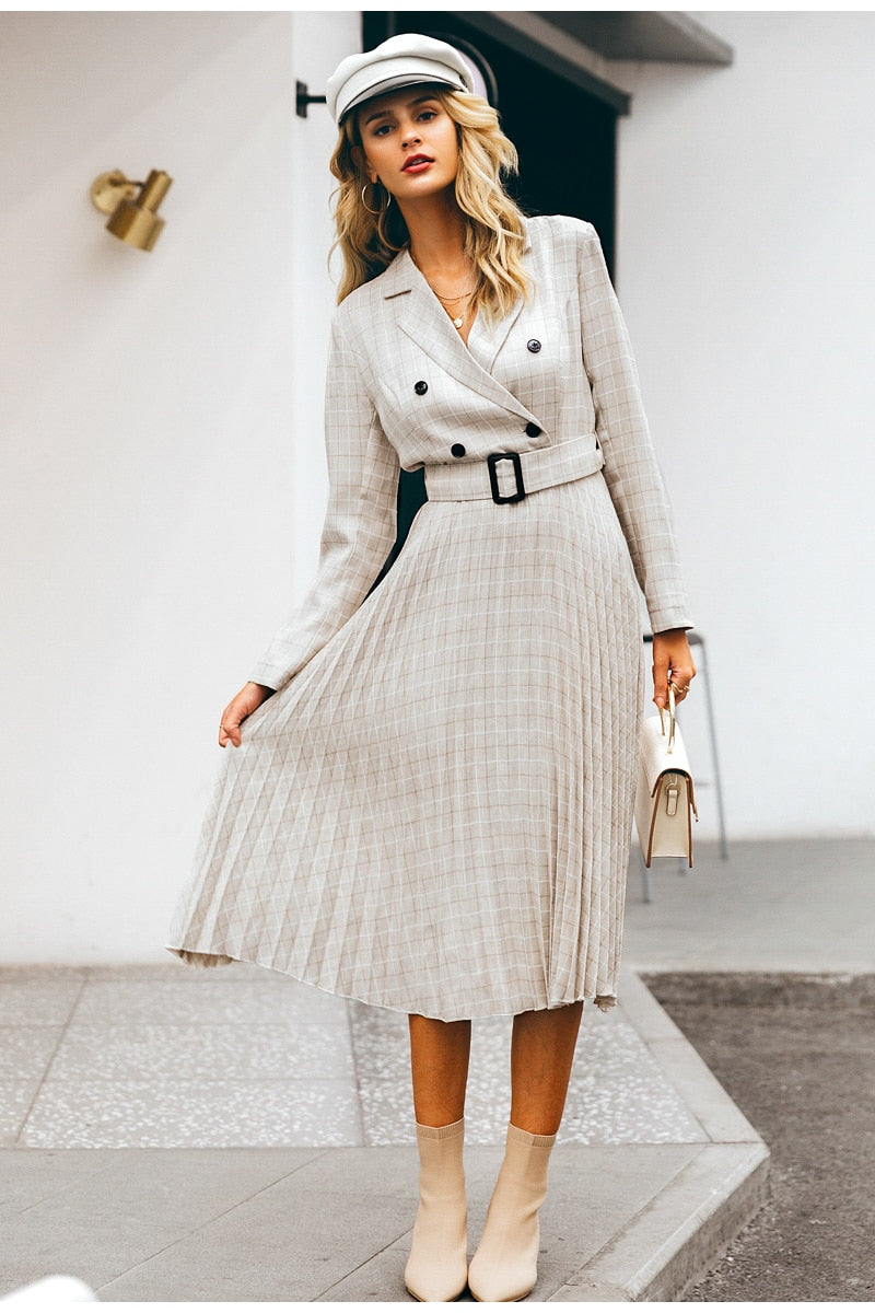 A-line V-neck Blazer Midi Elegant Long Sleeve Button Sash Blazer Pleated Office Dress