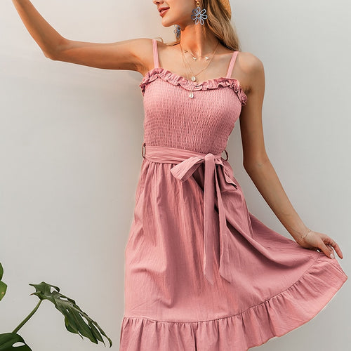 Load image into Gallery viewer, Sleeveless Ruffle Elegant Ruched Sashes Bow Cotton Summer Midi Sexy Solid Dress
