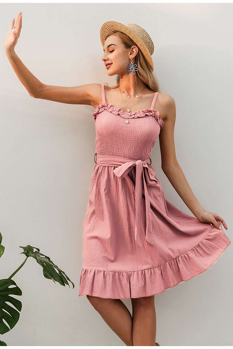 Sleeveless Ruffle Elegant Ruched Sashes Bow Cotton Summer Midi Sexy Solid Dress