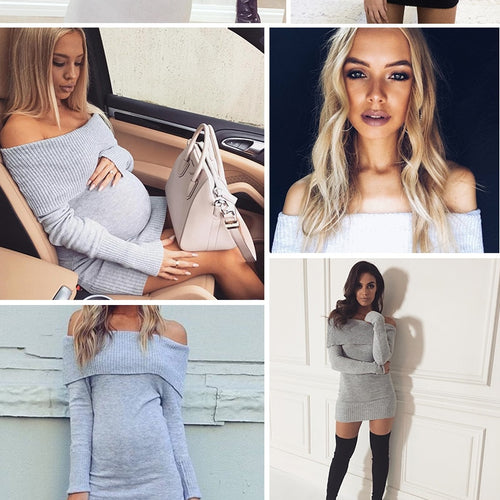 Load image into Gallery viewer, Off Shoulder Knitted Long Sleeve Sheath Sexy Work Wear Short Dress
