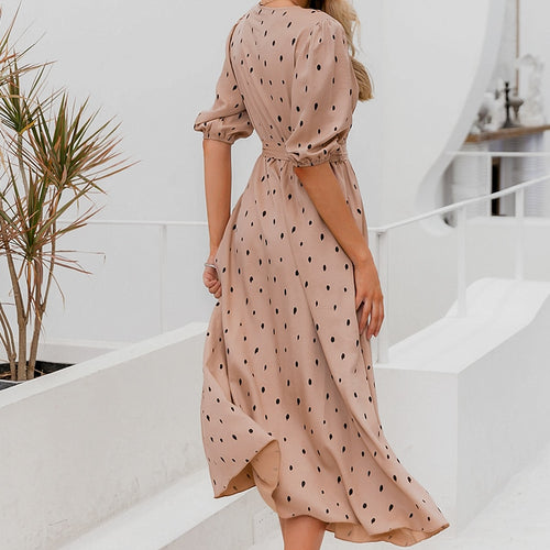 Load image into Gallery viewer, Polka Dot Wrap Elegant Puff Sleeve A-line V-neck Sash Wrap Retro Maxi Dress

