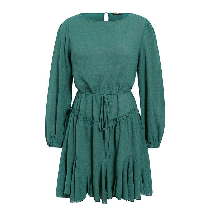 Elegant Loose Short Party Streetwear Lantern Strap Ruffled Cotton O-neck Office Dress