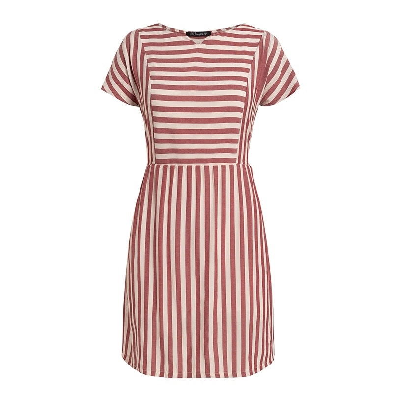 Striped Casual Buttons Strap Short Sleeve Summer O-neck A-line Holiday Dress