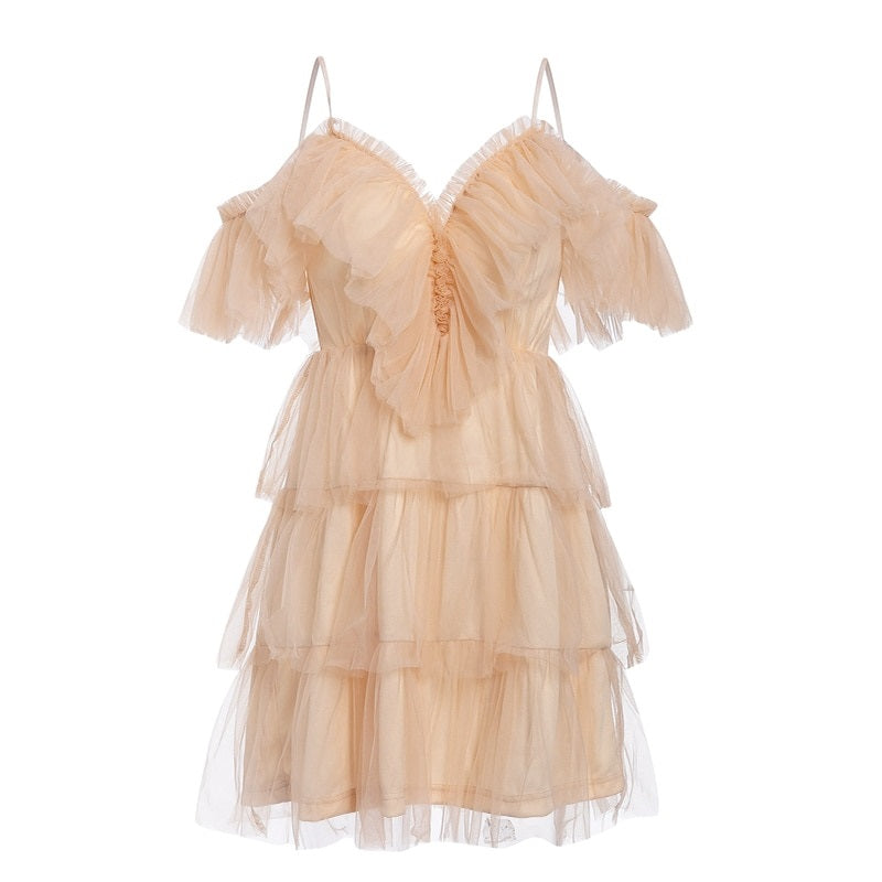 Sexy Straps Off Shoulder Mini Ruffles Multi-layer Lace Cake Party Club Mesh Dress