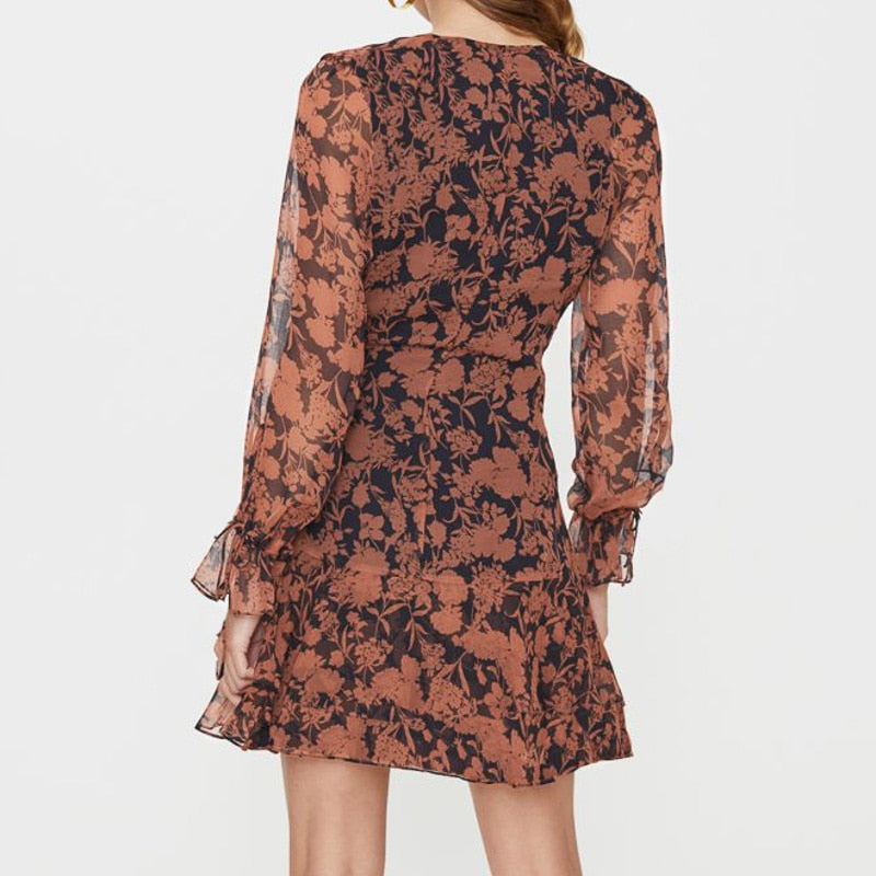 Sexy V-neck Long Sleeve Midi Summer Holiday Chiffon Ruched Floral Print Solid Lace Dress