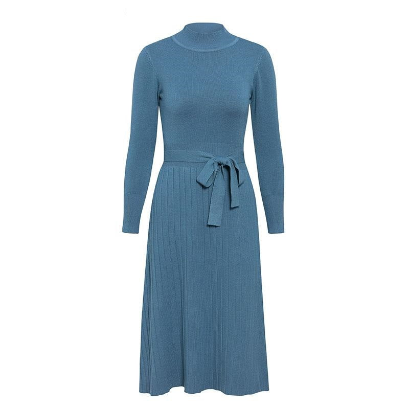 Elegant Knitted Streetwear Buttons Belt Bodycon Long Sleeve Office Turtleneck Maxi Sweater Dress