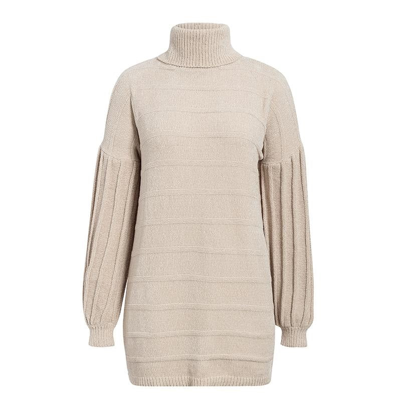 Turtleneck Knitted Sweater Winter Casual Lantern Sleeve Elegant Soft Party Dress