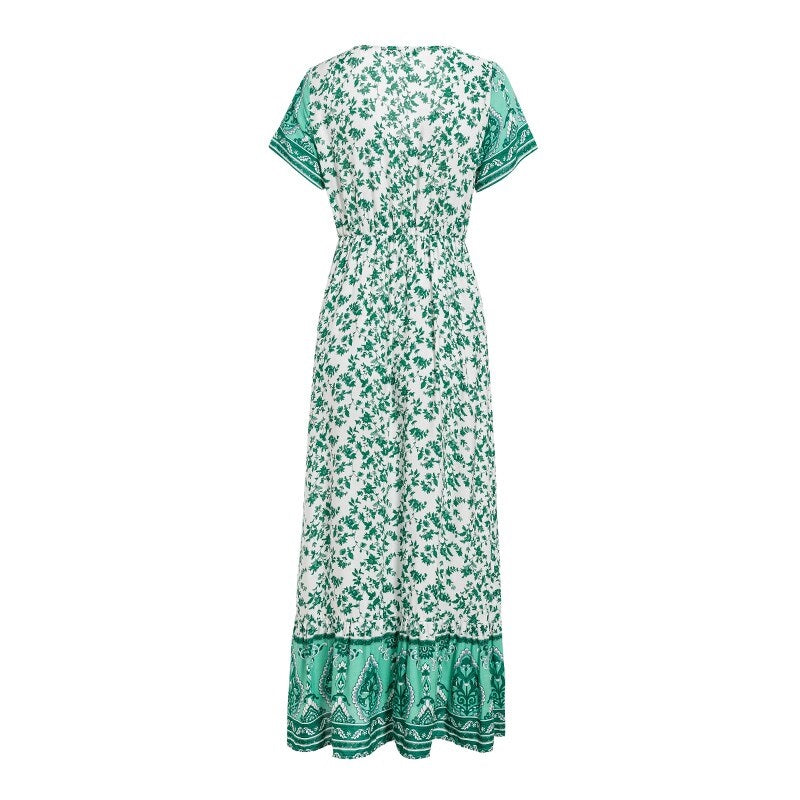 Bohemian V-neck Floral A-line Buttons Short Sleeve Maxi Sundress Summer Beach Style Long Dress