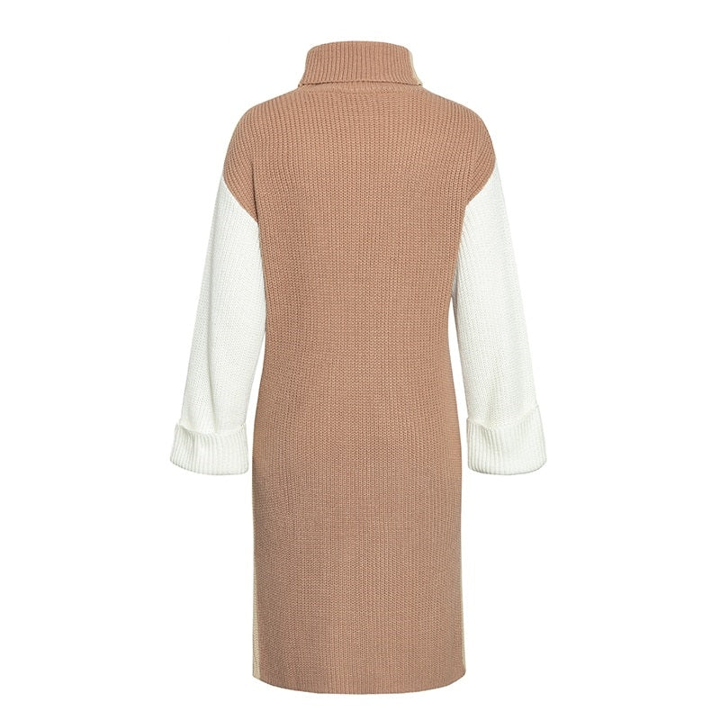 High Fashion Patchwork Casual Turtleneck Winter Long Knitted Sweater Dress