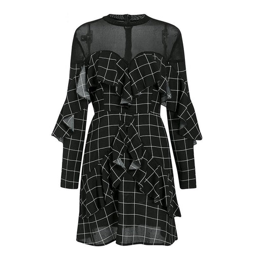 Load image into Gallery viewer, Elegant Office Lady Plaid Ruffled Long Sleeve Mini Straight O-neck Short Party Dress
