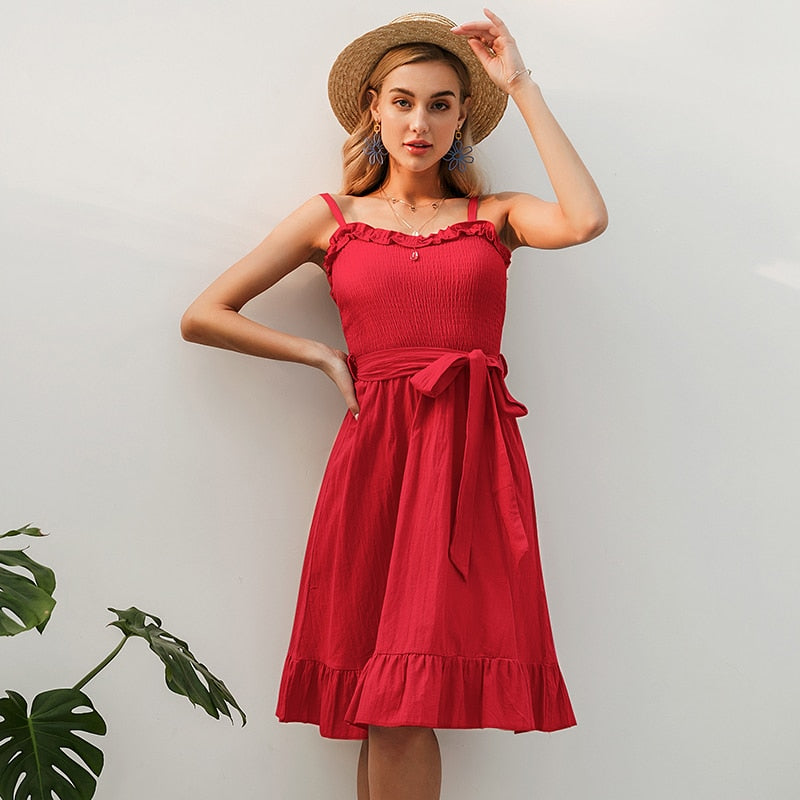 Sleeveless Ruffle Elegant Ruched Sashes Bow Cotton Summer Midi Sexy Solid Dress