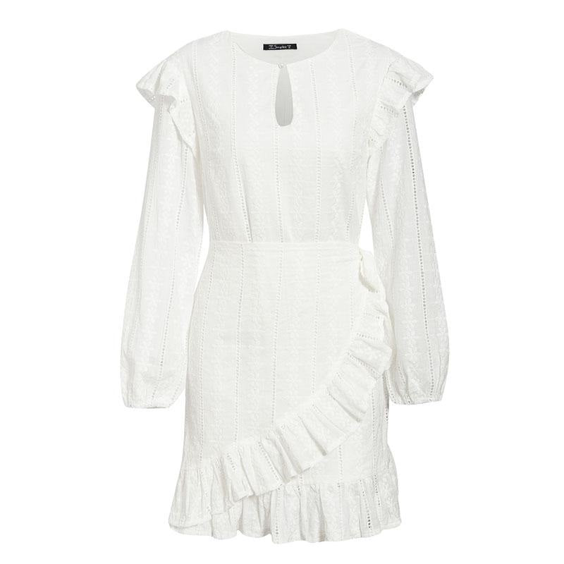 Elegant Cotton Puff Sleeve Ruffle Straight Mini Casual Autumn Winter Office Party Dress