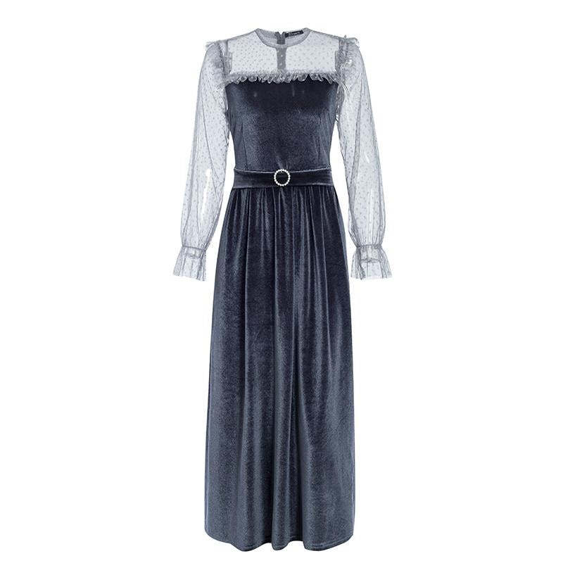 High Waist Maxi Ruffled Puff Sleeve Polka Dot A-line Belt Office Velvet Dress