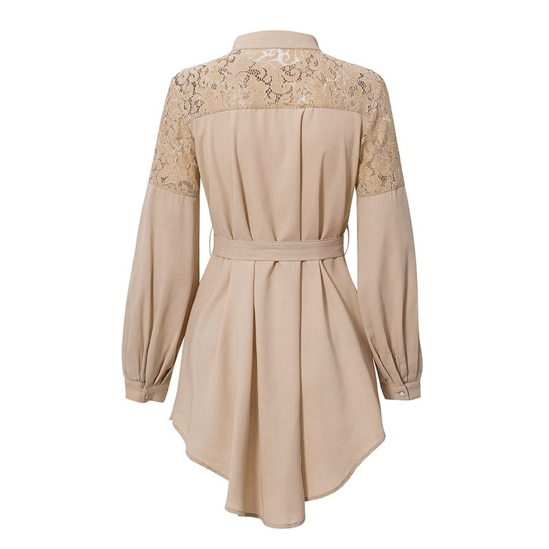 Elegant Lace Mesh Embroidery A-line Long Sleeve Button Office Ladies Solid Sashes Summer Shirt Dress