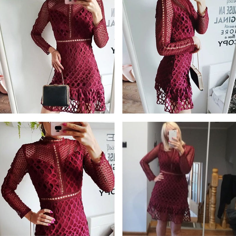 Elegant Hollow Out Mesh Lace Ruffle Slim Autumn Winter High Waist Long Sleeve Party Sexy Dress