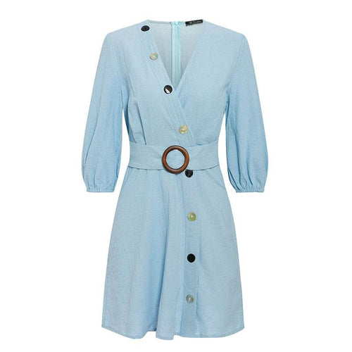 Load image into Gallery viewer, Casual V-neck Elegant Button Sash Belt Cotton Long Sleeve Vintage Mini Dress
