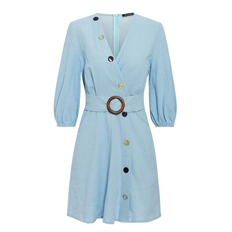 Casual V-neck Elegant Button Sash Belt Cotton Long Sleeve Vintage Mini Dress