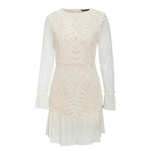 Load image into Gallery viewer, Sexy High Waist White Elegant Hollow Out Geometric Lace Ruffled Sleeve Office Party Dress
