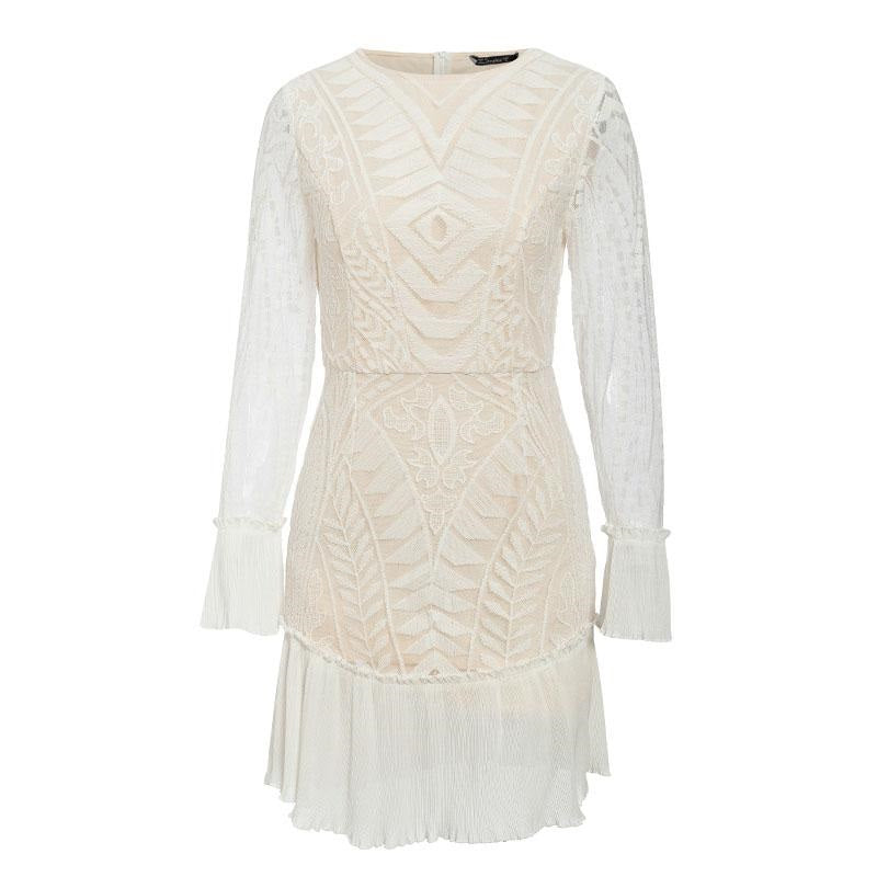 Sexy High Waist White Elegant Hollow Out Geometric Lace Ruffled Sleeve Office Party Dress