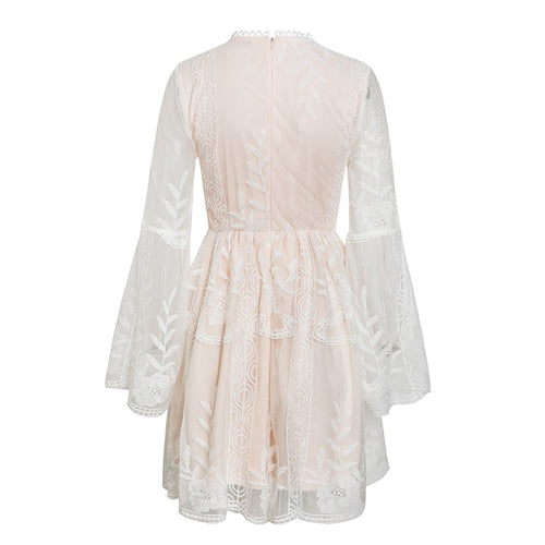 Load image into Gallery viewer, Sexy V-neck Boho Summer Trumpet Sleeve Ruffle White Floral A-line Lace Mini Dress
