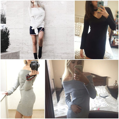 Load image into Gallery viewer, Off Shoulder Knitted Long Sleeve Sheath Sexy Work Wear Short Dress
