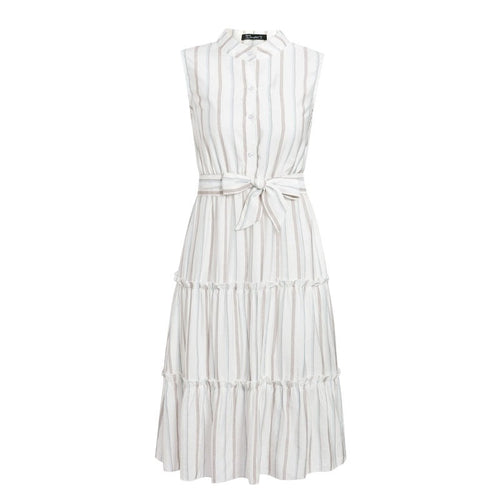 Load image into Gallery viewer, Striped Summer Sexy Sleeveless Sash Single Breasted Beach Casual Belt Ruffled Loose Maxi Dress
