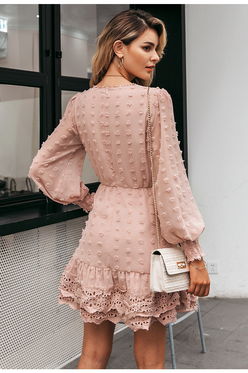 Elegant Lace Chic Long Sleeve Embroidery Dots Luxury Autumn Slim Evening Party Dress