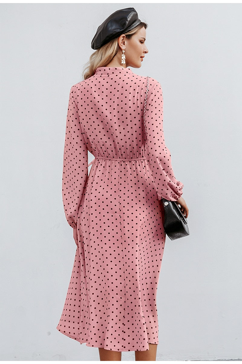 Elegant V-neck Polka Dot Sexy V-neck Lantern Pink Loose Long Party Dress