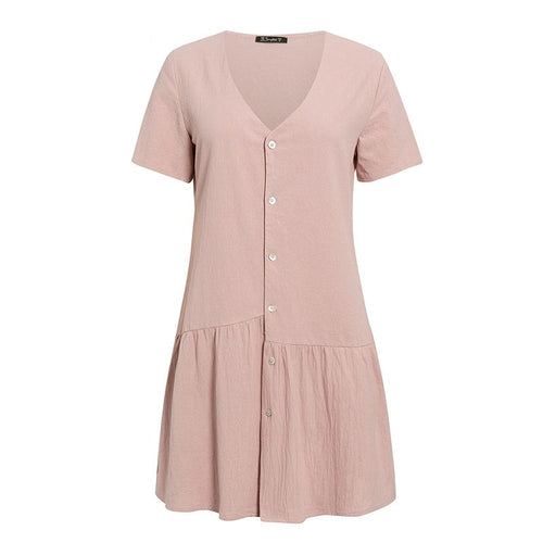 Load image into Gallery viewer, Casual Solid Summer V-neck Asymmetrical Buttons Cotton Party Short Sleeve Office Dress
