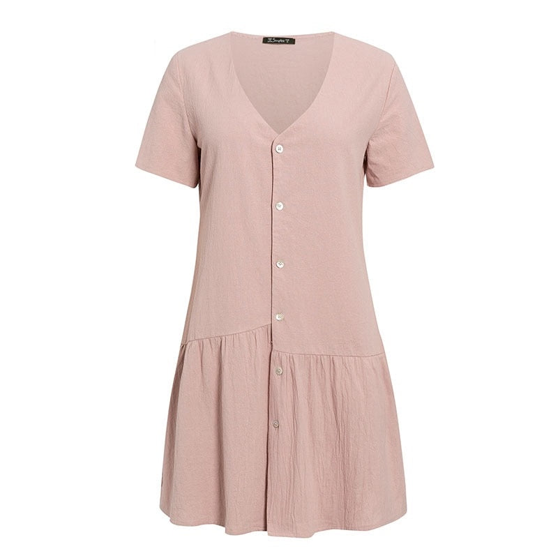 Casual Solid Summer V-neck Asymmetrical Buttons Cotton Party Short Sleeve Office Dress