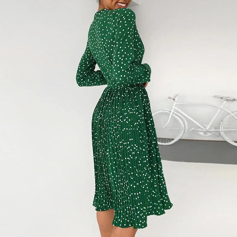 Sexy V-neck Solid Party Lantern Single Breasted A-line Midi Green Ribbon Long Sleeve Dress