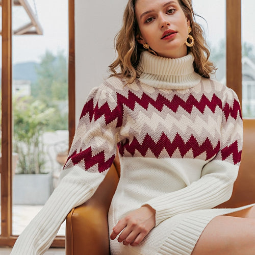 Load image into Gallery viewer, Geometric Print Knitted Casual Turtle Neck Pullover Sweater Retro Dress
