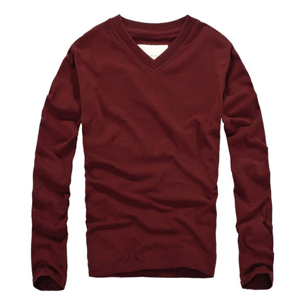Casual V-Neck Cotton Long Sleeve Shirt-men-wanahavit-Dark Red-S-wanahavit