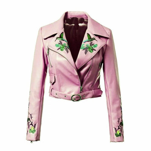 Load image into Gallery viewer, Gothic Chic Cool Floral Embroidery PU Jackets-women-wanahavit-Pink-L-wanahavit
