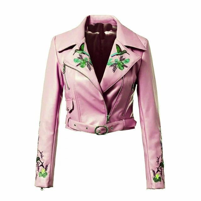 Gothic Chic Cool Floral Embroidery PU Jackets-women-wanahavit-Pink-L-wanahavit