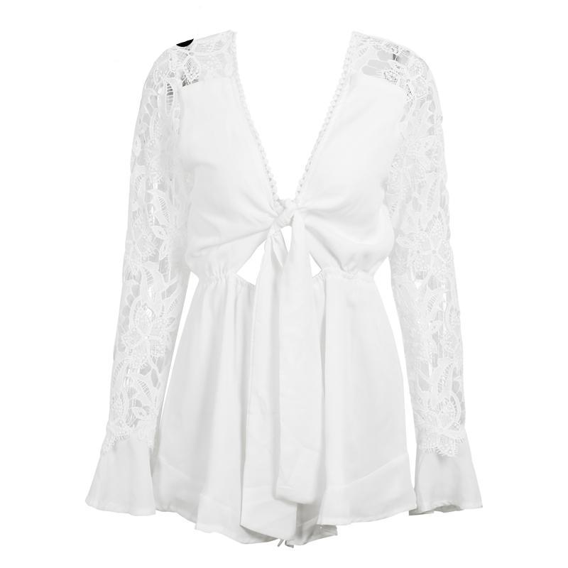 Sexy Hollow Out Elegant Bow Flare Long Sleeve Blouse-women-wanahavit-White-S-wanahavit