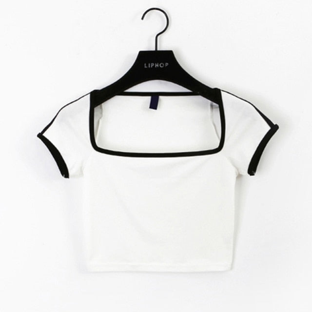 Big Neckline Collarbone Bubble Sexy French High Waist Short Sleeve Tees