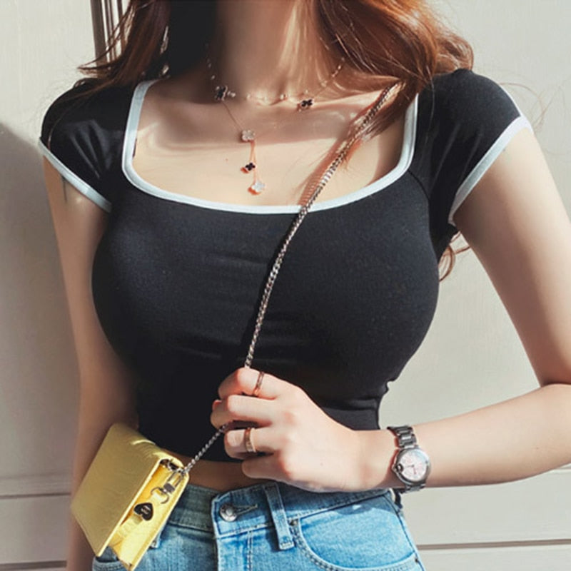 Big Neckline Collarbone Bubble Sexy French High Waist Short Sleeve Tees