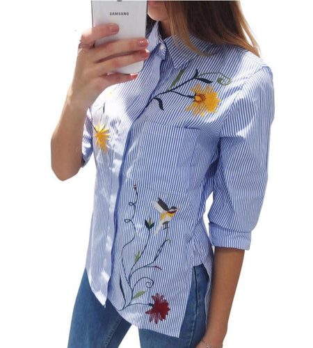 Floral Embroidery Striped Long Sleeve Blouse-women-wanahavit-Blue-S-wanahavit