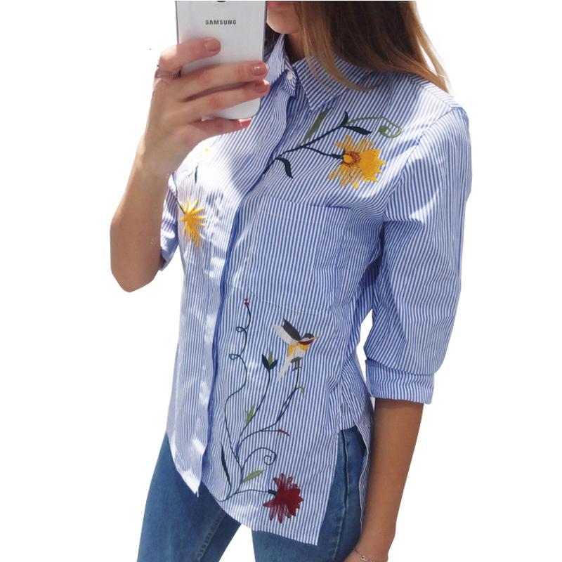 Floral Embroidery Striped Long Sleeve Blouse-women-wanahavit-Blue-S-wanahavit