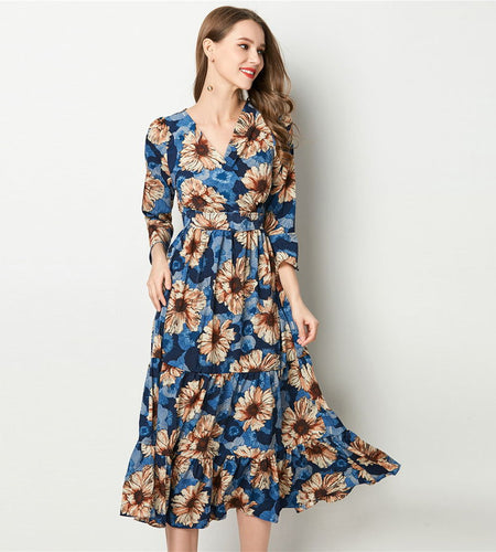 Bohemian Floral Chiffon Flare Sleeve Dress-women-wanahavit-Blue-L-wanahavit