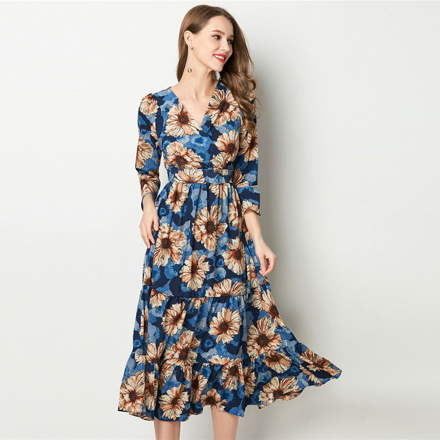 Bohemian Floral Chiffon Flare Sleeve Dress-women-wanahavit-Blue-L-wanahavit