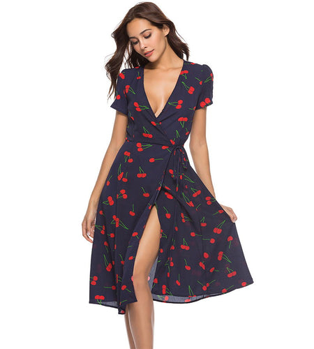 Bohemian Cherry Printed Chiffon Dress-women-wanahavit-Navy Blue-XXL-wanahavit