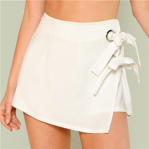 Side Bow Tie Knotted Overlap Wrap Shorts-women-wanahavit-White-XS-wanahavit